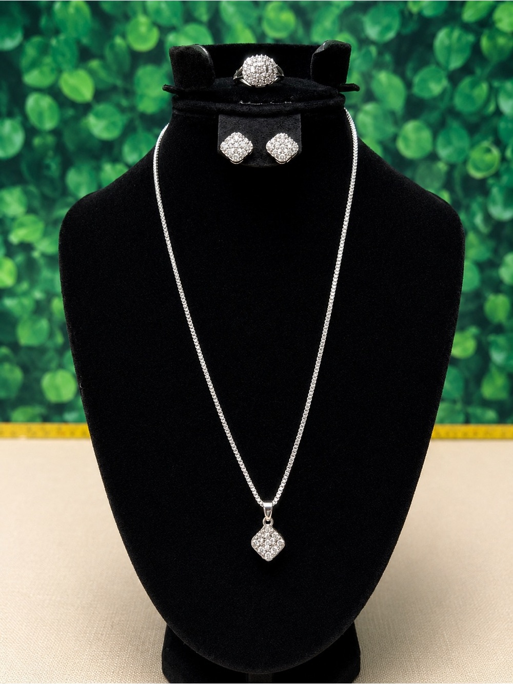Silver Rhinestone Necklace and Stud Earrings Set